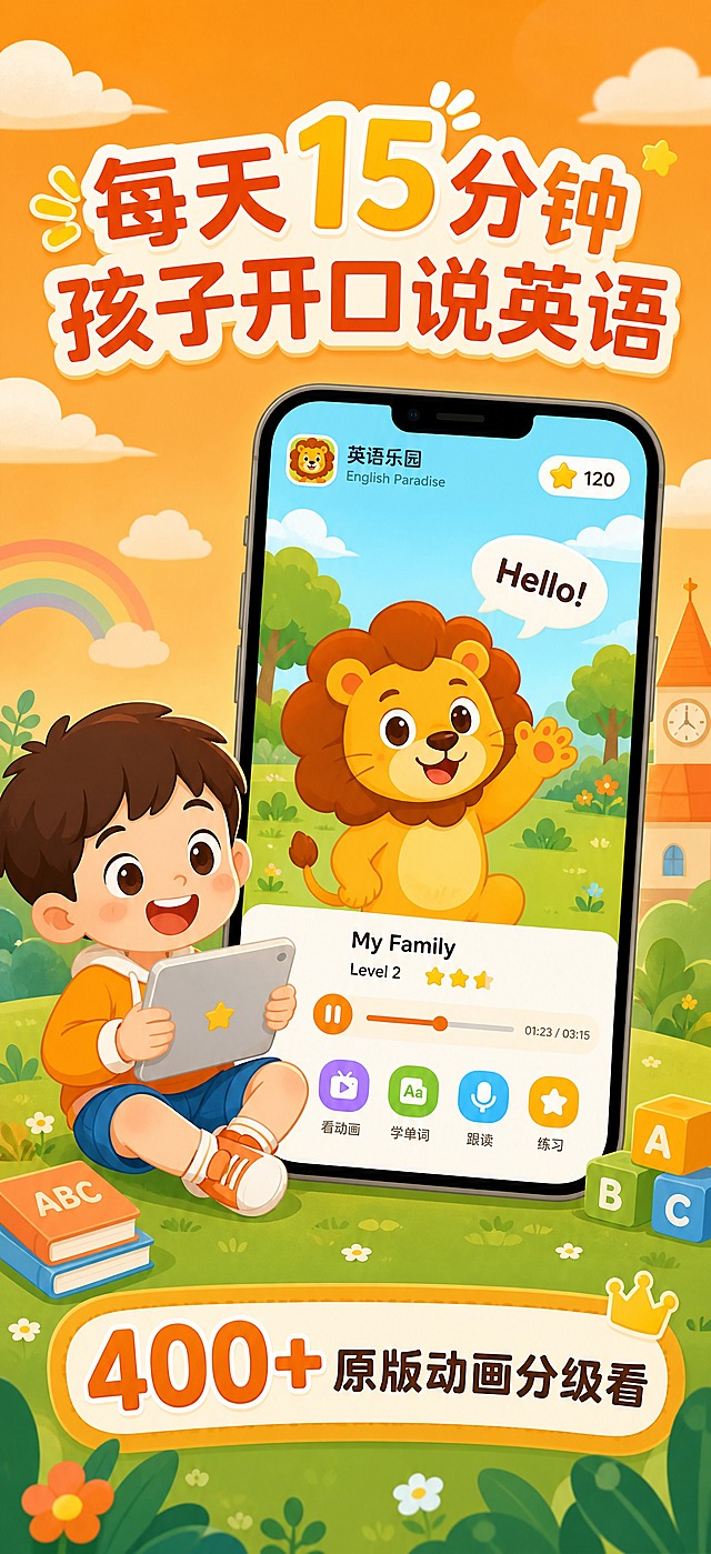 橙色插画风格儿童英语学习APP宣传图，竖版构图，尺寸1290×2796。画面顶部大标题文字"每天15分钟 孩子开口说英语"，中间展示一部手机，手机屏幕显示英语动画页面，有一只可爱的小狮子卡通形象，左侧有一个开心的小男孩拿着平板，底部文字"400+原版动画分级看"。整体为暖橙色主色调，搭配绿色草地背景，扁平插画风格，可爱童趣，适合3-8岁儿童英语教育产品宣传。