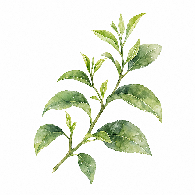 参考原图紫丁香花的水彩手绘风格，生成铁观音茶叶枝条素材，保留清新淡雅水彩质感，深绿自然色调，适合包装设计使用，白底无文字