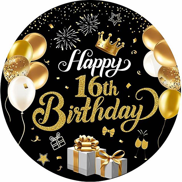 提取原图中的生日图案，添加英文文字16th，保持其余原有图案完全不变，去掉纸盘效果和纸盘产生的光阴，生成平面图，黑色底色，保留原有的黑金气球、Happy Birthday金色文字、皇冠、烟花、礼物盒这些图案和元素不变，整体为平面的圆形图案输出