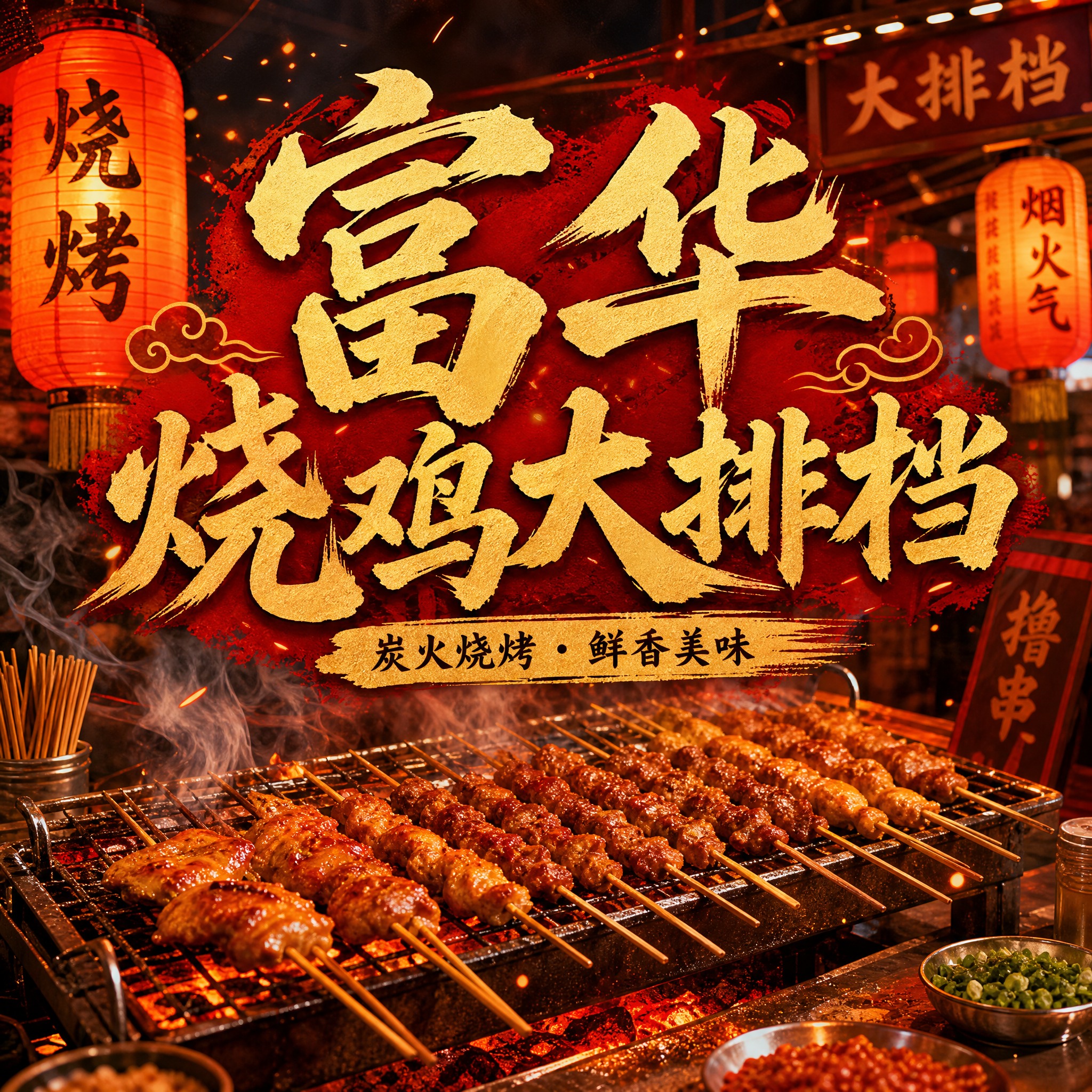 餐饮品牌头像设计，店名"富华烧鸡大排档"，烧烤主题，以烤串和炭… - 图片创意预览
