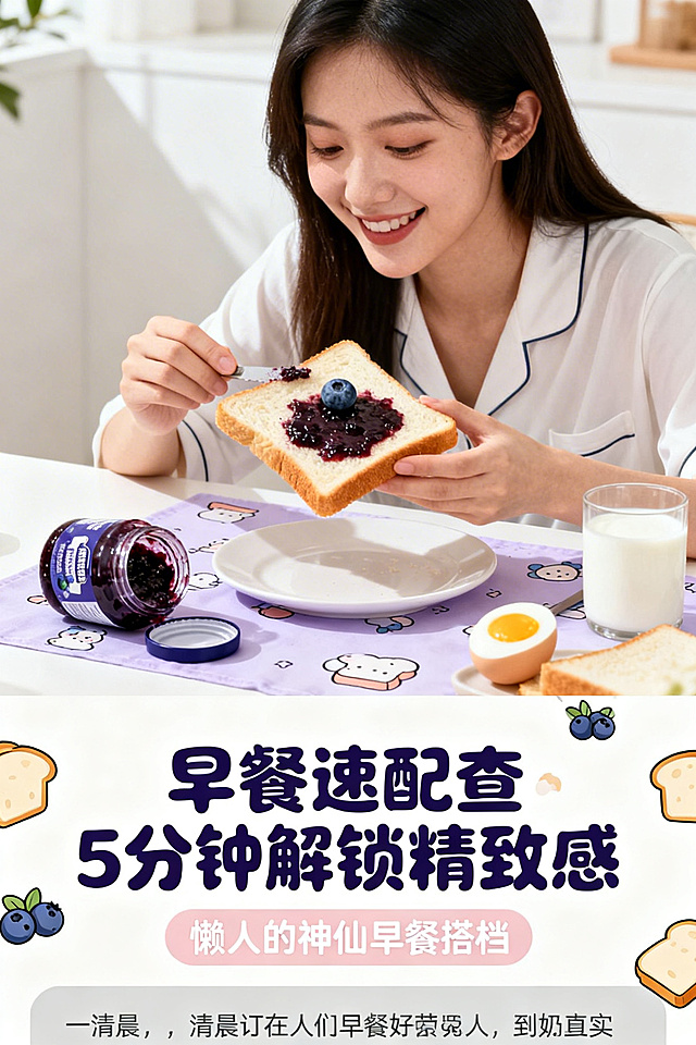 「图片1」第1屏：主视觉封面（引流屏）主标题：软萌蓝莓果酱✨ 一口解锁治愈感副标题：高果肉无添加 颜值与口感双在线排版布局：上半部分为主副标题（居中对齐，主标题深蓝莓紫加粗，副标题浅粉色，字体圆润卡通，主标题比副标题大1.5倍），下半部分为核心产品图，整体居中对称，背景为奶白色，点缀少量卡通蓝莓图案（角落、标题周围），无多余杂乱元素，简洁软萌。图片设计（比例2:3）：主体为一瓶完整的蓝莓果酱，瓶身直立居中，瓶身标签清晰（卡通蓝莓图标+圆润品牌字体），标签底色奶白色，图案浅蓝莓紫，瓶身玻璃材质通透，可隐约看到内部浓稠的果酱与饱满果肉；瓶身周围点缀3-4颗新鲜卡通蓝莓（带腮红、小爱心），少量奶白色果酱滴落图案（自然散落，不杂乱），背景为纯奶白色，光线柔和（暖光，凸显产品的软糯感），无阴影或轻微柔和阴影，整体画面干净、软萌、治愈，视觉焦点集中在产品上，吸引年轻人点击；图片边缘可添加一圈细浅蓝莓紫描边，增强设计感，贴合可爱美食风格。内容描述：软萌出圈的蓝莓果酱来啦🥰！浅蓝莓紫+奶白色软萌包装，一眼击中少女心，通透瓶身看得见的饱满果肉，每一口都能尝到新鲜蓝莓的清甜，无添加更健康，颜值与口感双在线，年轻人的专属治愈系果酱，早餐、下午茶的神仙搭配，解锁多种美味吃法，快来get同款软萌美味～第2屏：产品整体展示（认知屏）主标题：解锁软萌颜值✨ 每一处都可爱副标题：小巧精致 随手拍都是大片排版布局：左侧1/3为文字区域（主副标题+简短描述，居中对齐，字体圆润卡通），右侧2/3为产品展示图，整体左右对称，文字区域背景浅蓝莓紫（淡色，不突兀），产品区域背景奶白色，贴合整体风格。图片设计（比例2:3）：主体为1瓶蓝莓果酱（直立）+2颗新鲜蓝莓+1勺果酱（陶瓷小勺，勺身沾有少量果酱），摆放错落有致（果酱瓶居中，小勺斜放于瓶身右侧，蓝莓散落于瓶身周围）；瓶身标签清晰，卡通品牌标志突出，玻璃通透，果肉清晰可见，果酱颜色为天然浅蓝莓紫，浓稠有光泽；小勺为奶白色陶瓷，质感细腻，果酱滴落自然；背景奶白色，点缀少量浅紫色线条（圆润，不锋利），光线柔和（侧暖光，凸显产品的通透感与质感），画面干净软萌，无多余元素；可在图片右下角添加一个小巧的卡通“颜值满分”图标（卡通蓝莓+对勾），贴合卖点；整体画面适配年轻人社交打卡需求，凸显产品的颜值优势。内容描述：谁能拒绝一瓶软萌到犯规的蓝莓果酱🥳！小巧精致的瓶身，奶白色标签搭配软萌卡通蓝莓图标，圆润的品牌字体，每一处细节都长在年轻人的审美上；通透的玻璃瓶身，能清晰看到内部浓稠的果酱与饱满的蓝莓果肉，天然的浅蓝莓紫色，温柔又治愈，随手一拍都能出片，发朋友圈、小红书绝对吸赞，既是美味果酱，也是颜值担当，日常摆放也能增添生活可爱感～第3屏：核心卖点1（口感卖点+真人场景）主标题：高果肉暴击💥 酸甜不齁腻副标题：一口解锁新鲜蓝莓本味排版布局：上半部分为真人场景图，下半部分为主副标题+口感描述，上下呼应，文字区域居中对齐，字体圆润卡通，主标题深蓝莓紫，副标题浅粉色，描述文字浅灰色（清晰易读），背景奶白色，点缀少量卡通蓝莓图案。图片设计（比例2:3）：真人场景（年轻女生，20岁左右，妆容清淡，穿着软萌浅色卫衣，表情愉悦），女生手持陶瓷小勺，小勺上舀有适量蓝莓果酱，正轻轻送入口中，嘴角沾有少量果酱（自然可爱，不刻意）；背景为简约的书桌（奶白色桌面，摆放一本卡通笔记本、一杯热牛奶），书桌角落放着一瓶打开的蓝莓果酱，瓶身标签清晰，旁边散落2颗新鲜蓝莓；光线柔和（室内暖光，凸显产品的软糯感与真人的治愈感），画面色调统一（浅蓝莓紫+奶白色），聚焦于“吃果酱”的瞬间，凸显口感的美味；产品细节清晰，果酱浓稠，果肉饱满，能看到果肉的纹理，凸显高果肉卖点；整体画面软萌治愈，贴合年轻人的生活场景，让消费者有代入感。内容描述：一口沦陷的蓝莓口感✨ 每一瓶都含有≥80%的新鲜蓝莓果肉，肉眼可见的饱满果肉，没有多余的果泥掺杂，口感绵密不粗糙，入口先是蓝莓的清甜，后有淡淡的果酸，酸甜平衡得恰到好处，完全不齁腻，也没有生硬的颗粒感，每一口都能咬到真实的蓝莓果肉，口感层次丰富。不添加人工香精，还原新鲜蓝莓的本味，入口清香醇厚，浓稠适中，不粘嘴、不糊嘴，冷藏后口感更佳，清甜感更突出，夏日解腻、冬日治愈，无论是直接吃，还是搭配其他食材，都能解锁极致美味，像把新鲜蓝莓嚼碎在嘴里，年轻人都爱的清爽口感，拒绝厚重甜腻，每一口都清爽治愈～第4屏：核心卖点2（健康卖点+原料展示）主标题：0添加更安心✅ 轻负担无压力副标题：鲜果现熬 锁住天然营养排版布局：左侧2/3为原料+产品细节图，右侧1/3为主副标题+健康卖点描述，左右呼应，文字区域居中对齐，字体圆润卡通，背景为浅蓝莓紫淡色底，点缀少量白色小爱心，贴合可爱风格。图片设计（比例2:3）：左侧主体为“原料+果酱”组合，上方摆放一串新鲜蓝莓（颗粒饱满、色泽鲜亮，深蓝莓紫，带少量水珠，凸显新鲜），下方摆放一瓶打开的蓝莓果酱，果酱舀出一部分放在白色陶瓷碟中，碟中可见清晰的果肉纹理，果酱浓稠有光泽，与新鲜蓝莓形成呼应；右侧角落添加3个小巧的卡通图标（分别对应“0香精”“0色素”“0防腐剂”，图标为卡通蓝莓造型，搭配文字，圆润可爱）；背景为奶白色，光线明亮（自然光+暖光，凸显原料的新鲜与果酱的天然），画面干净清新，无多余元素；玻璃瓶身通透，标签上的“0添加”字样清晰可见，贴合健康卖点；整体画面凸显“天然、健康”，同时保持软萌可爱的风格，让年轻人感受到健康与美味兼具。内容描述：当代年轻人的健康饮食首选✨ 拒绝无效添加，我们的蓝莓果酱坚持0添加人工香精、0添加色素、0添加防腐剂，只用新鲜蓝莓鲜果、低蔗糖、饮用水熬制，不添加任何多余成分，老人、小孩、孕妇也能放心食用。选用优质新鲜蓝莓，无坏果、无杂质，鲜果现熬工艺，慢火熬制锁住蓝莓的天然营养与新鲜口感，保留蓝莓中的花青素、维生素等多种营养成分，低蔗糖配方，减少糖分摄入，轻负担不发胖，适配年轻人“健康轻食、拒绝甜腻”的饮食需求，好吃又安心，囤货无压力～第5屏：核心卖点3（场景卖点+早餐场景）主标题：早餐速配🥪 5分钟解锁精致感副标题：懒人的神仙早餐搭档排版布局：上半部分为真人早餐场景图，下半部分为主副标题+场景描述，文字区域居中对齐，字体圆润卡通，主标题深蓝莓紫，副标题浅粉色，描述文字浅灰色，背景奶白色，点缀少量卡通面包、蓝莓图案，贴合早餐场景。图片设计（比例2:3）：真人场景（年轻女生，20岁左右，穿着简约睡衣，妆容清淡，正在餐桌前准备早餐），餐桌上摆放一片烤好的吐司（金黄色，松软），吐司上涂抹均匀的蓝莓果酱，果酱上点缀1颗新鲜蓝莓，旁边放着一瓶打开的蓝莓果酱（瓶身标签清晰）、一杯热牛奶、一个水煮蛋；女生手持吐司，嘴角带笑，表情惬意，凸显早餐的便捷与精致；背景为简约的餐桌（奶白色，铺浅紫色桌布，点缀少量卡通图案），光线柔和（清晨自然光，凸显早餐的温暖感），画面色调统一，贴合可爱美食风格；果酱涂抹均匀，能看到吐司上的果肉颗粒，凸显产品的实用性，场景真实，贴合年轻人的早餐习惯（懒癌必备、快速便捷），让消费者有代入感。懒癌年轻人的早餐救星✨ 不用早起，5分钟就能解锁精致早餐，再也不用将就吃路边摊！开瓶即食，瓶口设计便捷，易开合、防漏，涂抹顺畅，不粘手、不糊嘴，只需取适量果酱涂抹在吐司、面包上，点缀一颗新鲜蓝莓，搭配一杯热牛奶或豆浆，就是一份颜值与营养双在线的早餐。浓稠的果酱包裹着松软的吐司，每一口都有饱满的蓝莓果肉，酸甜清爽，唤醒沉睡的味蕾，开启元气满满的一天。学生党课间加餐、白领通勤前快速准备，都能轻松搞定，便捷又精致，拒绝敷衍早餐，用一瓶软萌蓝莓果酱，解锁年轻人的早餐仪式感～第6屏：核心卖点4（场景卖点+下午茶场景）主标题：下午茶搭档☕️ 治愈所有不开心副标题：软萌氛围感直接拉满排版布局：右侧2/3为真人下午茶场景图，左侧1/3为主副标题+场景描述，左右呼应，文字区域居中对齐，字体圆润卡通，背景为浅粉色淡色底，点缀少量卡通蓝莓、蛋糕图案，贴合下午茶的治愈感。图片设计（比例2:3）：真人场景（2名年轻女生，20-25岁，妆容清淡，穿着温柔浅色衣服，围坐在一起喝下午茶），餐桌上摆放一瓶打开的蓝莓果酱、一杯酸奶（酸奶上淋有少量蓝莓果酱，点缀2颗新鲜蓝莓）、一块小蛋糕（蛋糕表面涂抹少量果酱，摆放1颗卡通蓝莓装饰）、2个陶瓷小勺；女生们面带微笑，一人手持小勺舀取果酱，一人正在品尝酸奶，氛围轻松愉悦，治愈感拉满；背景为简约的下午茶桌（奶白色，铺浅紫色蕾丝桌布，摆放少量干花、卡通摆件），光线柔和（室内暖光，搭配少量自然光，凸显氛围感）；产品细节清晰，果酱浓稠，淋在酸奶上自然流淌，果肉可见，瓶身标签清晰，软萌可爱；整体画面色调温柔，贴合年轻人的下午茶场景，凸显产品的治愈感与场景适配性，让消费者感受到“吃果酱=享受生活”。当代年轻人的下午茶治愈神器✨ 忙碌的上午过后，用一瓶软萌蓝莓果酱，解锁专属你的治愈时光。开瓶即食，无需复杂操作，淋在酸奶上，酸甜的果酱搭配绵密的酸奶，一口解锁双重美味，饱满的果肉增添口感层次；也可搭配蛋糕、曲奇，提升甜点的风味，告别单调下午茶。软萌可爱的瓶身，摆放于餐桌上，瞬间提升氛围感，和闺蜜一起分享，边吃边聊，缓解职场、学业压力，治愈所有不开心。浅蓝莓紫的色泽，搭配奶白色的酸奶、金黄色的蛋糕，颜值拉满，随手拍都是下午茶大片，发社交平台绝对吸赞～第7屏：核心卖点5（便捷卖点+包装细节）主标题：便捷开瓶🥰 小巧易携不浪费副标题：细节拉满 实用又可爱排版布局：上半部分为包装细节图（分区域展示），下半部分为主副标题+便捷卖点描述，文字区域居中对齐，字体圆润卡通，主标题深蓝莓紫，副标题浅粉色，描述文字浅灰色，背景奶白色，点缀少量卡通便捷图标（小勺子、小背包）。图片设计（比例2:3）：分三个区域展示包装细节（整体连贯，不杂乱），左侧为瓶身整体（小巧精致，直立摆放，标签清晰，卡通图标突出），中间为瓶口细节（螺旋盖设计，白色瓶盖，易开合，瓶盖内侧有防漏圈，清晰可见，凸显防漏效果），右侧为瓶身材质细节（玻璃材质通透，可清晰看到内部果酱，标签防水材质，印刷清晰，卡通图案不易脱落）；瓶身周围点缀1个卡通小背包（暗示易携带）、1个陶瓷小勺，背景为奶白色，光线明亮（凸显细节质感）；可添加少量文字标注（如“螺旋防漏盖”“食品级玻璃”“防水标签”），文字为圆润卡通字体，浅蓝莓紫色，不突兀；整体画面聚焦包装细节，凸显便捷性与实用性，同时保持软萌可爱的风格，让年轻人感受到产品的用心。专为年轻人设计的便捷果酱✨ 细节拉满，实用又可爱！采用螺旋防漏盖设计，易开合，不用费力，女生也能轻松打开，瓶盖内侧的防漏圈，有效防止果酱渗漏，放在背包、书桌里都不用担心弄脏衣物、书本；瓶身小巧精致，容量适中（单人食用量），避免开封后吃不完浪费，适合学生党、年轻白领日常囤货，也可随身携带，课间、通勤、出差，随时随地都能享受美味。瓶身采用食品级玻璃材质，安全无毒、耐高温，喝完后可重复利用，用来装小饰品、棉签、糖果等，环保又实用；标签采用防水材质，不小心沾到水也不会模糊、脱落，卡通图案始终清晰，软萌感不褪色。开瓶即食，无需额外工具，便捷又省心，完美适配年轻人快节奏的生活方式～第8屏：核心卖点6（原料卖点+熬制工艺）主标题：鲜果现熬🍓 锁住每一份新鲜副标题：优质原料 成就好口感排版布局：左侧1/3为主副标题+原料/工艺描述，右侧2/3为原料+熬制场景示意图（卡通风格），左右呼应，文字区域居中对齐，字体圆润卡通，背景为浅蓝莓紫淡色底，点缀少量新鲜蓝莓图案。图片设计（比例2:3）：右侧主体为卡通熬制场景示意图（可爱风格），画面中有一个卡通小锅，锅里装满新鲜蓝莓与少量果酱，锅边有一个卡通勺子（正在搅拌），锅上方有“慢火熬制”的圆润卡通文字；小锅周围摆放一串新鲜蓝莓（颗粒饱满、带水珠）、一瓶成品蓝莓果酱，标签清晰；背景为奶白色，点缀少量浅紫色蒸汽图案（暗示熬制过程），整体卡通风格，软萌可爱，不生硬；新鲜蓝莓色泽鲜亮，果酱浓稠有光泽，凸显“鲜果现熬”的卖点；画面中可添加少量文字标注（如“优质新鲜蓝莓”“慢火熬制”“锁住营养”），文字字体圆润，浅蓝莓紫色，贴合整体风格；光线柔和，色调统一，既凸显原料的新鲜与工艺的用心，又契合可爱美食风格，符合年轻人的审美。好原料才能熬出好果酱✨ 我们坚持选用优质新鲜蓝莓，每一颗都经过严格筛选，无坏果、无杂质，颗粒饱满、色泽鲜亮，新鲜采摘后快速运输、加工，锁住蓝莓的天然新鲜与营养；采用传统慢火熬制工艺，不添加任何人工香精、色素、防腐剂，只用新鲜蓝莓、低蔗糖、饮用水，慢火熬煮12小时以上，让蓝莓的营养与风味充分释放，熬制出的果酱浓稠适中、果肉饱满，保留蓝莓的天然色泽与清甜口感。拒绝“果泥+添加剂”的廉价模式，每一瓶果酱都承载着新鲜蓝莓的本味，让年轻人吃到的每一口，都是天然、健康、新鲜的美味，既能满足味蕾需求，又能补充营养，好吃又安心～第9屏：核心卖点7（性价比卖点+组合展示）主标题：亲民价囤货✅ 颜值品质双在线副标题：单人/组合装 按需选择不浪费排版布局：上半部分为产品组合图，下半部分为主副标题+性价比描述，文字区域居中对齐，字体圆润卡通，主标题深蓝莓紫，副标题浅粉色，描述文字浅灰色，背景奶白色，点缀少量卡通“省钱”图标（小硬币、小爱心）。图片设计（比例2:3）：主体为产品组合展示，摆放3瓶蓝莓果酱（直立，标签清晰），其中1瓶打开（舀出少量果酱放在小勺上，果肉可见），2瓶未打开，摆放错落有致；瓶身周围点缀新鲜蓝莓、陶瓷小勺，背景为奶白色，光线明亮（凸显产品的质感）；图片中间添加圆润卡通文字（如“单人装”“组合装更划算”），文字颜色浅蓝莓紫，不突兀；可在图片角落添加一个小巧的卡通价格标签（软萌造型，标注“亲民价”），贴合性价比卖点；整体画面简洁软萌，突出产品的组合优势与亲民价格，让年轻人感受到“性价比高、囤货无压力”；瓶身标签清晰，卡通风格统一，凸显颜值与品质，让消费者觉得“花小钱买好货”。年轻人囤货首选✨ 中高端品质，亲民价格，拒绝“颜值高就贵”，让每个年轻人都能轻松实现蓝莓果酱自由！单瓶容量适中（适合单人食用，避免浪费），价格亲民，日常囤货无压力；多瓶组合装更划算，性价比拉满，适合学生党、年轻白领批量囤货，无论是自己吃，还是送给闺蜜、朋友（软萌包装适合当小礼品），都很合适。我们坚持“品质不打折、价格更亲民”，选用优质原料、传统工艺熬制，0添加更健康，高果肉更美味，软萌颜值更吸睛，兼顾品质、颜值与性价比，比同类型可爱风果酱更实惠，比普通果酱颜值、品质更出众，日常囤货、随手搭配，好吃又省钱，年轻人的宝藏果酱，闭眼囤不踩雷～第10屏：真人场景合集（强化代入感）主标题：多场景解锁🥳 承包你的每日美味副标题：年轻人的专属治愈系果酱排版布局：整体为拼接式真人场景图，主副标题位于图片上方（居中对齐，字体圆润卡通，主标题深蓝莓紫，副标题浅粉色），无多余文字，背景贴合场景，整体色调统一，凸显多场景适配性。图片设计（比例2:3）：拼接3个核心真人场景（无缝衔接，风格统一），均为20-25岁年轻人，妆容清淡，风格软萌，贴合目标人群：1. 早餐场景（女生手持涂抹果酱的吐司，搭配热牛奶，在餐桌前微笑）；2. 下午茶场景（女生和闺蜜围坐，分享淋有果酱的酸奶，氛围愉悦）；3. 烘焙场景（女生正在给曲奇饼干涂抹果酱，桌面摆放烘焙工具与果酱瓶，表情专注）；每个场景中的蓝莓果酱瓶清晰可见，标签卡通可爱，果酱细节（果肉、浓稠度）突出，场景真实自然，贴合年轻人的日常生活；整体色调统一（浅蓝莓紫+奶白色），光线柔和（暖光，凸显治愈感），画面软萌可爱，无杂乱元素；拼接处用卡通蓝莓图案过渡，增强设计感，凸显“多场景适配”的卖点，让消费者能快速联想到自己使用产品的场景，代入感拉满。一瓶果酱，解锁年轻人的N种生活场景🥰！早餐搭配吐司、燕麦片，开启元气满满的一天；下午茶搭配酸奶、蛋糕，治愈忙碌的时光；烘焙搭配曲奇、蛋挞，提升甜点风味，甚至可直接食用，随时随地享受新鲜美味。软萌可爱的外观，适配各种场景摆放，无论是餐桌、书桌、下午茶桌，都能增添软萌氛围感；真人实测，每一种吃法都好吃不踩雷，高果肉、无添加、酸甜不齁腻，满足年轻人对美味、健康、便捷的所有需求，承包你的每日治愈时刻，无论是一个人享受，还是和闺蜜分享，都能收获满满幸福感～第11屏：常见问题解答（打消顾虑）主标题：FAQ✨ 解锁所有小疑问副标题：放心囤货 无后顾之忧排版布局：左侧1/3为卡通疑问图标（圆润蓝莓造型，带问号），右侧2/3为问答内容（分点，每点一个问题+答案），文字区域字体圆润卡通，问题深蓝莓紫加粗，答案浅灰色，背景奶白色，点缀少量浅紫色线条，贴合可爱风格，排版清晰，易读易懂。图片设计（比例2:3）：左侧为一个大大的卡通蓝莓图标（带腮红、小爱心，头顶一个圆润的问号，软萌可爱），图标底色为浅蓝莓紫淡色，不突兀；右侧为问答区域背景（纯奶白色），可在问答内容旁边点缀少量小巧的卡通蓝莓图标（每道题旁边1个），增强设计感；整体画面简洁干净，无多余元素，比例2:3，左侧图标与右侧文字呼应，既凸显“解答疑问”的核心，又保持可爱美食风格，避免问答内容过于生硬，贴合年轻人的阅读习惯；光线柔和，色调统一，让消费者能轻松找到自己关心的问题，打消下单顾虑。Q1：果酱的保质期是多久？开封后怎么保存？A1：未开封保质期6个月（常温避光保存），开封后需冷藏保存（0-8℃），建议1个月内食用完毕，避免变质，冷藏后口感更佳哦～Q2：果酱含糖量高吗？减肥可以吃吗？A2：采用低蔗糖配方，减少糖分摄入，轻负担不发胖，减肥期间可少量食用（搭配酸奶、燕麦片更佳），拒绝厚重甜腻，好吃无负担～Q3：里面的果肉多吗？会不会有杂质？A3：果肉含量≥80%，肉眼可见饱满果肉，每一颗蓝莓都经过严格筛选，无坏果、无杂质，口感绵密，拒绝生硬颗粒，每一口都能咬到真实果肉～Q4：包装容易破损吗？运输过程中会渗漏吗？A4：瓶身采用厚实食品级玻璃材质，不易破损，运输过程中会添加泡沫防护；瓶盖采用螺旋防漏设计，内侧有防漏圈，有效防止渗漏，放心囤货～Q5：适合孕妇、小孩吃吗？A5：0添加人工香精、0添加色素、0添加防腐剂，只用新鲜蓝莓鲜果熬制，安全健康，孕妇、小孩均可放心食用，还能补充蓝莓中的营养哦～第12屏：结尾引导下单（转化屏）主标题：软萌蓝莓酱🥳 闭眼囤不踩雷副标题：解锁治愈美味 手慢无！排版布局：上半部分为主副标题+核心卖点提炼（简洁短句），下半部分为产品+下单引导图，整体居中对称，文字区域字体圆润卡通，主标题深蓝莓紫加粗，副标题浅粉色，卖点提炼文字浅蓝莓紫，背景奶白色，点缀大量卡通蓝莓、小爱心图案，凸显下单氛围。图片设计（比例2:3）：主体为2瓶蓝莓果酱（1瓶打开，1瓶未打开，直立摆放，标签清晰），打开的一瓶旁边放着陶瓷小勺（舀有果酱，果肉可见），瓶身周围点缀新鲜蓝莓、小爱心图案（浅粉色、浅蓝莓紫）；图片下方添加圆润卡通文字（如“立即下单”“囤货首选”“颜值与口感双在线”），文字颜色深蓝莓紫，醒目不突兀；背景为奶白色，光线柔和（暖光，凸显产品的软糯感与治愈感），画面软萌可爱，充满下单吸引力；可在图片角落添加“限量囤货”“多瓶更划算”的小巧卡通标注，引导消费者快速下单；整体画面聚焦产品，突出核心卖点，同时营造出“可爱、值得入手”的氛围，贴合年轻人的下单心理，推动转化。