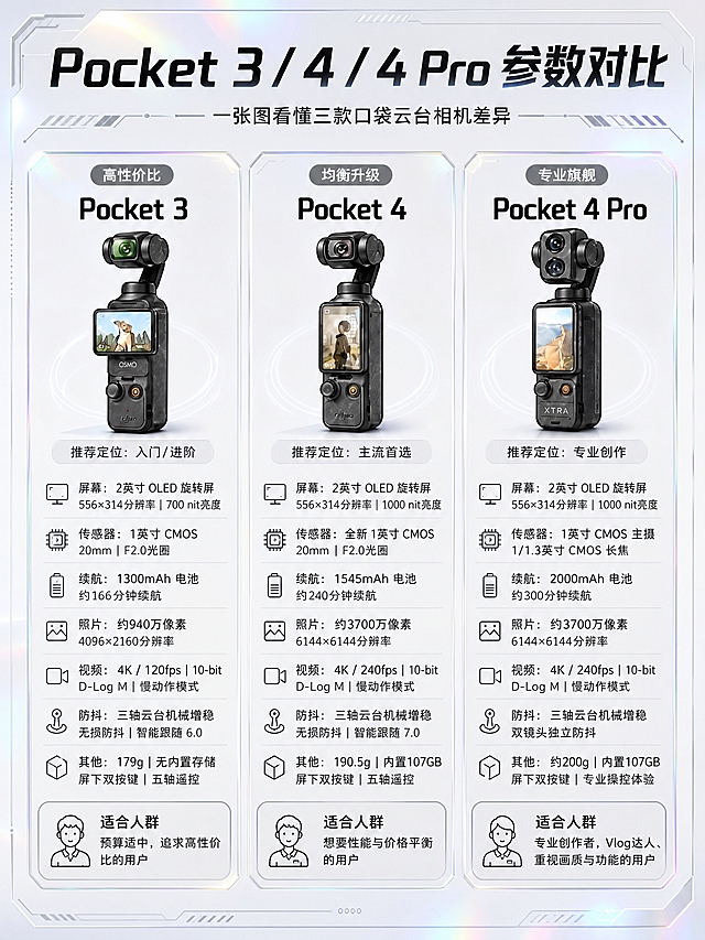 基于参考图的三列对比版式骨架，重新设计为黑白浅色高级科技风参数对比海报，带轻微镭射光感。保留三款产品（Pocket 3、Pocket 4、Pocket 4 Pro）的外观造型与颜色不变，只改背景、配色、字体和装饰风格。

【版式骨架】
- 顶部主标题区 + 三列等宽对比卡片 + 底部留白
- 三列从左到右：Pocket 3（高性价比）、Pocket 4（均衡升级）、Pocket 4 Pro（专业旗舰）
- 每列结构：顶部标签 → 产品图 → 推荐定位 → 8项参数（屏幕/传感器/续航/照片/视频/防抖/其他/适合人群）→ 底部适合人群小卡片

【配色与风格】
- 整体黑白浅灰色系，高级简约，背景为浅灰白渐变，带极淡的镭射虹彩光泽（仅在边缘和高光处有微弱彩色反光，不抢眼）
- 科技感：细线几何装饰、微镭射光边、极简线性图标
- 三列卡片用极细银灰色描边区分，卡片底色为白色或极浅灰，层次干净
- 轻微镭射感体现在标题文字的光泽、卡片边缘的虹彩细边、产品周围的微光晕

【字体】
- 全部使用简体中文，无衬线现代简洁字体
- 主标题加粗有科技感，参数文字清晰易读

【必须完整呈现的文字信息】
主标题："Pocket 3 / 4 / 4 Pro 参数对比"
副标题："一张图看懂三款口袋云台相机差异"

【Pocket 3 列 - 高性价比】
- 推荐定位：入门/进阶
- 屏幕：2英寸 OLED 旋转屏，556×314分辨率 | 700 nit亮度
- 传感器：1英寸 CMOS，20mm | F2.0光圈
- 续航：1300mAh 电池，约166分钟续航
- 照片：约940万像素，4096×2160分辨率
- 视频：4K / 120fps | 10-bit，D-Log M | 慢动作模式
- 防抖：三轴云台机械增稳，无损防抖 | 智能跟随 6.0
- 其他：179g | 无内置存储，屏下双按键 | 五轴遥控
- 适合人群：预算适中，追求高性价比的用户

【Pocket 4 列 - 均衡升级】
- 推荐定位：主流首选
- 屏幕：2英寸 OLED 旋转屏，556×314分辨率 | 1000 nit亮度
- 传感器：全新 1英寸 CMOS，20mm | F2.0光圈
- 续航：1545mAh 电池，约240分钟续航
- 照片：约3700万像素，6144×6144分辨率
- 视频：4K / 240fps | 10-bit，D-Log M | 慢动作模式
- 防抖：三轴云台机械增稳，无损防抖 | 智能跟随 7.0
- 其他：190.5g | 内置107GB，屏下双按键 | 五轴遥控
- 适合人群：想要性能与价格平衡的用户

【Pocket 4 Pro 列 - 专业旗舰】
- 推荐定位：专业创作
- 屏幕：2英寸 OLED 旋转屏，556×314分辨率 | 1000 nit亮度
- 传感器：1英寸 CMOS 主摄，1/1.3英寸 CMOS 长焦
- 续航：2000mAh 电池，约300分钟续航
- 照片：约3700万像素，6144×6144分辨率
- 视频：4K / 240fps | 10-bit，D-Log M | 慢动作模式
- 防抖：三轴云台机械增稳，双镜头独立防抖
- 其他：约200g | 内置107GB，屏下双按键 | 专业操控体验
- 适合人群：专业创作者，Vlog达人、重视画质与功能的用户

【删除内容】
- 彻底删除底部"按需选择，才是最适合自己的，资料来源于网络"整行文字及相关装饰图标
- 删除参考图中的手绘水彩风格装饰（星星、笔记本、手机、相机等手绘小图标），替换为极简科技感线性装饰

【硬约束】
- 三款产品的颜色、外形、结构与参考图完全一致，不得改变商品颜色
- 画面中所有数字必须精确渲染，不得错位、遗漏或编造
- 画面中所有信息区域必须填充完整合理的内容，不得出现空白框或占位
- 画面比例 3:4 竖版