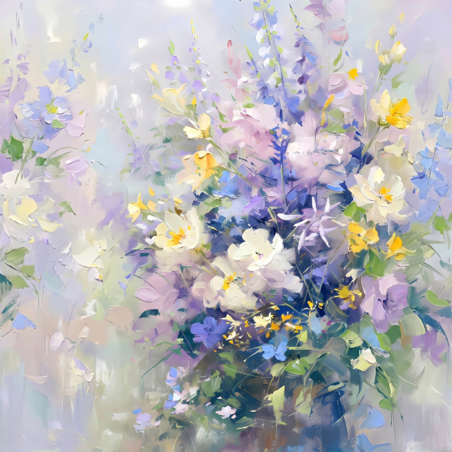 参考原图的厚涂印象派花卉油画风格，重新创作全新的花丛画面，保留朦胧柔光的氛围感，色彩延续淡紫、浅蓝、奶白、明黄搭配清新绿植的柔和配色，笔触带有明显的颜料肌理质感，整体呈现治愈唯美的艺术花卉油画效果预览效果