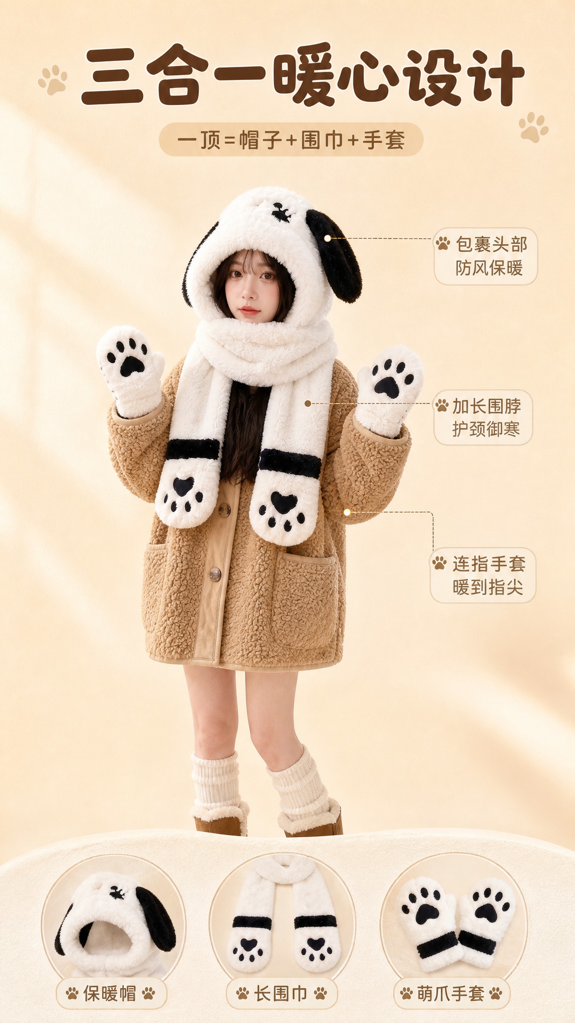 [商品] 使用【图2】黑白帕恰狗款毛绒三件套；保留小狗帽造型、… - 图片创意预览