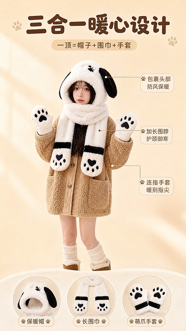 [商品] 使用【图2】黑白帕恰狗款毛绒三件套；保留小狗帽造型、长耳朵、围巾一体、爪印手套结构和黑白配色；增强毛绒纹理和立体感，不改变版型结构。
[画面] 目标：产品结构解析页，展示三合一设计的各部位功能。构图：居中竖版，模特正面全身展示完整穿戴效果，占画面60%；从帽子、围巾、手套三个部位引出细线标注；前景底部放三个圆形小图标分别对应帽子/围巾/手套，中景模特自然站立双手轻抬展示手套，背景为纯净暖米色渐变+柔和光影。阅读动线：顶部标题→中部产品+引线标注→底部三图标说明。
[视觉] 套系策略：风格=简约暖调日系少女风商业摄影；标题字=圆润可爱无衬线粗体；正文字=简洁纤细无衬线体；主色=奶白米杏；背景延展=基于奶白米杏做深浅渐变、同色系柔和晕染和细腻毛绒/纸张质感；强调色=奶茶棕，仅用于小面积图标、引线和标签；标题色=深咖棕；正文色=暖灰棕；组件=圆角浅底信息卡、细线引线、可爱爪印小图标；光影=左前侧暖柔自然光，柔和漫射，毛绒边缘有轻微轮廓光。
[文字] 顶部主标题："三合一暖心设计"，副标题："一顶=帽子+围巾+手套"；引线标注：帽子处标"包裹头部 防风保暖"，围巾处标"加长围脖 护颈御寒"，手套处标"连指手套 暖到指尖"；底部三个圆形图标分别配文"保暖帽""长围巾""萌爪手套"；文字不遮挡产品主体。
[规格] 图片比例9:16竖版，4K，避免变形、错字、文字过小、冷蓝背景、结构失真。