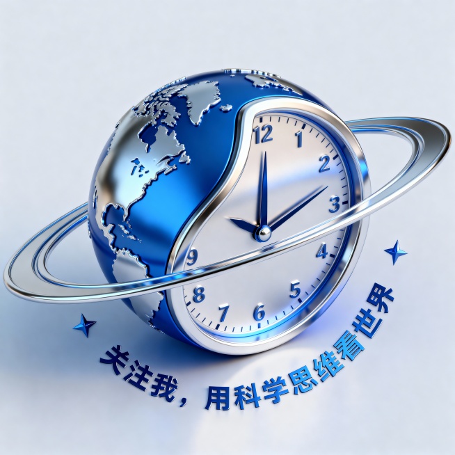 地球与扭曲时钟融合的3D图标，环绕行星环状文字：「关注我，用科学思维看世界」。预览效果