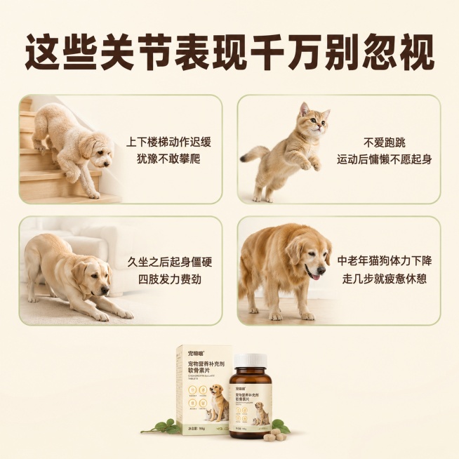 [主图-3] 关节痛点提示页面；氛围风格：亲和提醒风格，不刻意制造焦虑；画质：商业摄影质感、光线柔和通透、画面干净高级；元素：浅暖米色干净背景，顶部放置主标题，下方分四个圆角卡片展示痛点，底部保留产品预览效果