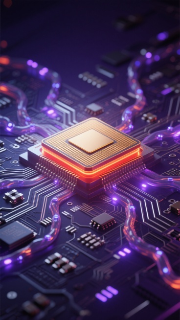 一张超写实风格的科技概念海报，以深邃的暗紫色为背景主色调，中央是一颗棱角分明、表面带有精密纹路的金色处理器芯片，芯片边缘环绕着流动的橙红色光晕，周围是如同神经网络般向四周延展的银色电路板，线路上点缀着闪烁的蓝紫色光点，整体画面采用低角度仰拍视角，突出芯片的宏伟感，电路板的细节清晰可见，包括细小的电容、电阻和交错的金属导线，光影对比强烈，营造出神秘而前沿的高科技氛围，视觉层次分明，核心元素突出，……预览效果