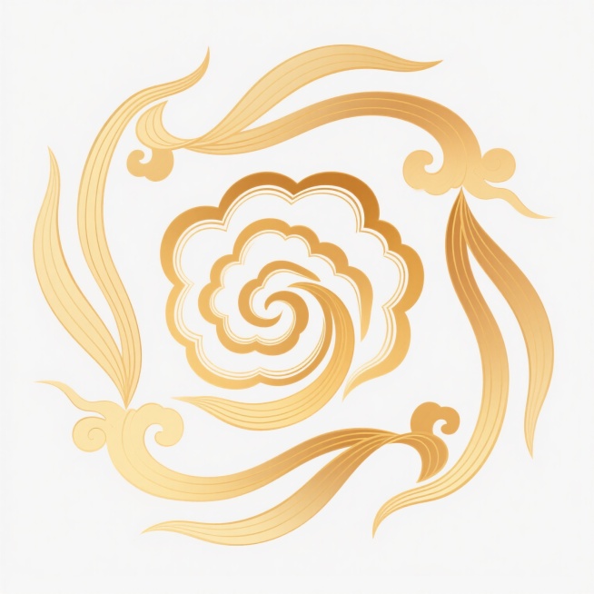 中国传统祥云纹样，金色渐变线条勾勒，流畅飘逸的曲线形态，中心旋涡状云纹，周围环绕灵动的飘带式云尾，线条边缘柔和虚化，整体呈现轻盈雅致的古典装饰风格，无背景纯白底，矢量插画质感，线条粗细均匀，色彩从浅金到暖金自然过渡，具有祥瑞、典雅的视觉氛围。预览效果