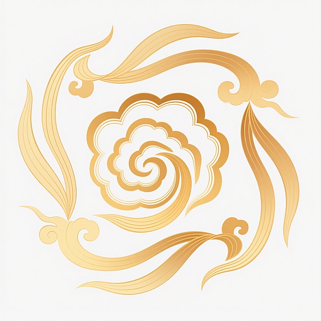 中国传统祥云纹样，金色渐变线条勾勒，流畅飘逸的曲线形态，中心旋涡状云纹，周围环绕灵动的飘带式云尾，线条边缘柔和虚化，整体呈现轻盈雅致的古典装饰风格，无背景纯白底，矢量插画质感，线条粗细均匀，色彩从浅金到暖金自然过渡，具有祥瑞、典雅的视觉氛围。