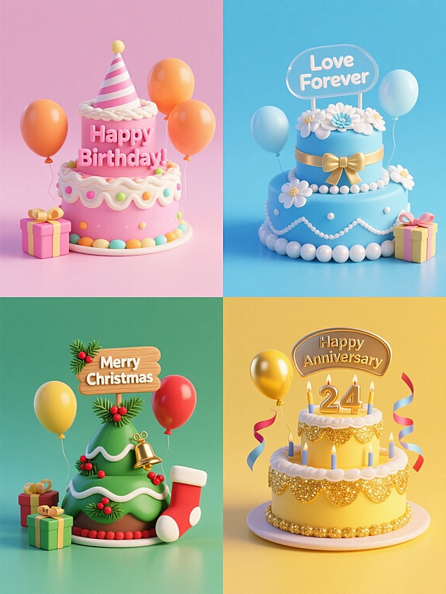 一套4个不同元素内容的3D卡通风格系列素材集合，每个素材均为纯色背景，保持相同的3D渲染质感、圆润可爱的造型风格、柔和光影及细腻材质表现，规整排布于同一画面中。第一个元素：粉色系双层生日蛋糕，装饰有奶油花边、彩色糖珠、写有“Happy Birthday!”的立体字母牌、粉色和橙色气球、条纹生日帽、礼物盒；第二个元素：蓝色系三层婚礼蛋糕，点缀有白色糖霜花朵、珍珠装饰、金色丝带、写有“Love Forever”的亚克力牌、淡蓝色和白色气球、蝴蝶结、礼盒；第三个元素：绿色系圣诞主题蛋糕，配有松针装饰、红色浆果、金色铃铛、写有“Merry Christmas”的木质牌、绿色和红色气球、礼物袜、圣诞礼盒；第四个元素：黄色系周年庆典蛋糕，装饰有金色闪光糖霜、数字蜡烛、写有“Happy Anniversary”的金属牌、黄色和金色气球、彩带、纪念礼盒。所有元素均保持统一的3D卡通风格、光影效果和构图比例，背景分别为纯粉色、纯蓝色、纯绿色、纯黄色，整体色彩变换但风格统一，元素类目保持为“节日主题蛋糕+装饰元素+文字牌+气球+礼物”的组合，画面整洁有序，信息传达清晰。