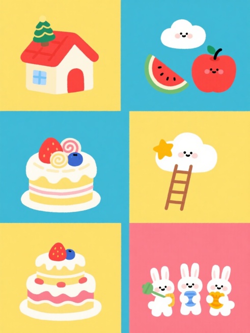 一套六张系列插画素材，每张均为纯色背景，保持原有的可爱手绘卡通风格、圆润线条、简洁造型和明亮欢快氛围，画面整体色彩各不相同但均鲜艳明快，规整排布。每张图均包含三层叠加的奶油蛋糕（顶部有草莓、蓝莓和卷状装饰）、红色屋顶带圣诞树装饰的小房子、西瓜片、苹果、梯子、云朵、星星以及三只拿着不同物品的白色小兔子等原元素内容，六个造型完全不同的蛋糕组合及小兔子姿态各异，整体构图协调统一且细节丰富。预览效果