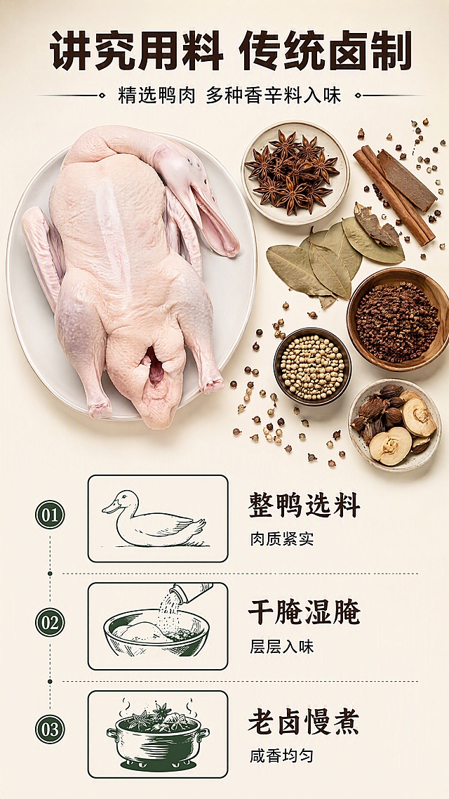 [第3张] 原料与工艺展示-鸭肉选料与卤制工艺介绍。本张为成分工艺专页，不使用产品图垫图。
[氛围/风格] 写实食材摄影风，干净清新，突出原料质感。
[元素布局] 画面上半部分：新鲜白条鸭整只俯拍，占画面约35%，旁边摆放八角、桂皮、香叶、花椒等卤料食材，原料实拍大尺寸呈现；下半部分：三道工艺步骤纵向排列，配小图示意「选鸭」「腌制」「卤煮」；原料元素合计占画面≥50%。
[光影质感] 顶部柔光，食材表面自然光泽，卤料颗粒清晰，整体干净明亮。
[配色色系] 全局底色 #F8F3E6；主色米白、浅棕；辅助色墨绿、深褐。
[视角构图] 俯视+纵向排版，阅读动线顶部原料→中部工艺→底部说明。
[文字版式] 顶部主标题「讲究用料 传统卤制」，黑体加粗；副标题「精选鸭肉 多种香辛料入味」；下方三格工艺步骤，每格图标+短标题+一行说明，分别为「整鸭选料 肉质紧实」「干腌湿腌 层层入味」「老卤慢煮 咸香均匀」。字色：深棕标题，黑色正文。
[比例分辨率] 9:16 竖版比例，4K分辨率，文字清晰可辨，高清画质。
[负向提示词] 食材腐烂，颜色偏差，水印，文字错乱，夸张功效，医疗化表述，极限词。