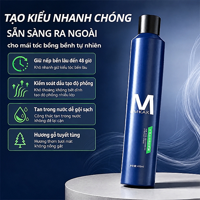 将左侧的文字'cho mái tóc bồng bềnh tự nhiên'和下方的4个卖点图标整体向上移动，缩小与上方大标题之间的间距，让左侧文字区域布局更紧凑。保持产品瓶身位置不变，文字内容、图标样式、颜色全部不变，只调整纵向位置上移，底部留出更多空间。整体画面保持平衡协调。