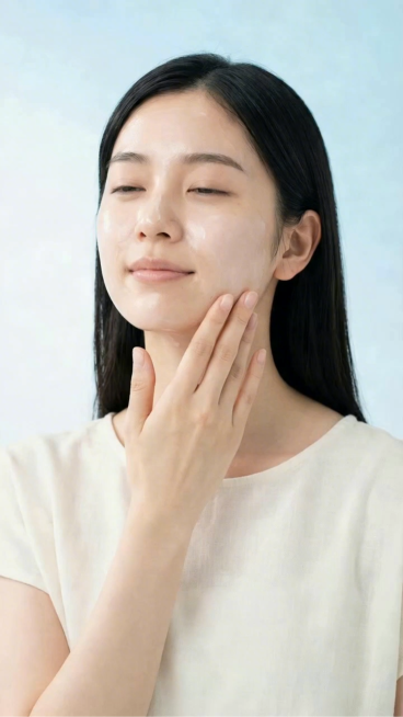 模特的指尖带着清透水润的防晒乳，以极轻柔、极缓慢的节奏，先在脸颊处做舒缓的均匀涂抹动作，再轻柔带过侧颈，动作连贯丝滑，力度轻柔自然，防晒乳推开后化水，无泛白无粘腻，肌肤呈现自然水润光泽，表情放松治愈，预览效果