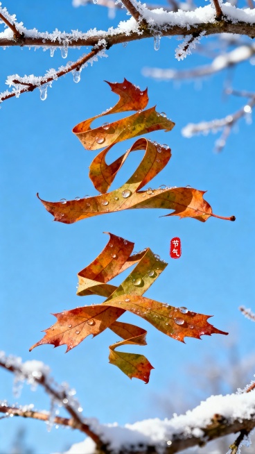 枫叶叶片拉长扭曲变形成”立冬” 二字，叶片上有晶莹的露珠点缀。背景是一片晴朗的蓝天，画面中穿插着带有冰霜和薄雪的树枝，营造出冬日温暖的氛围。“立冬” 文字位于图像的中上部，红色小印章”节气“点缀，整体预览效果