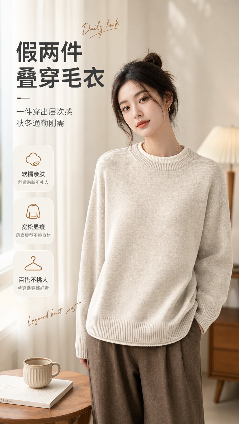 [商品] 使用【图1】燕麦米白色假两件圆领针织毛衣；商品处理：… - 图片创意预览