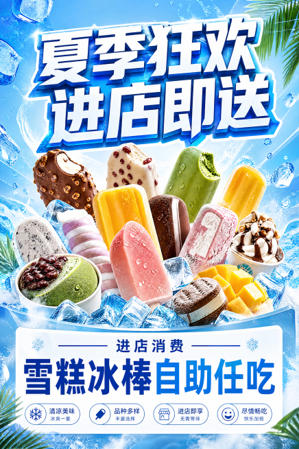 夏季促销海报，宣传进店消费即送雪糕冰棒自助任吃，整体风格清凉清爽，以蓝色冰爽色调为主，画面顶部设计醒目的大标题"夏季狂欢 进店即送"，中间显著位置展示各种美味的雪糕和冰棒，底部清晰标注活动内容"进店消预览效果