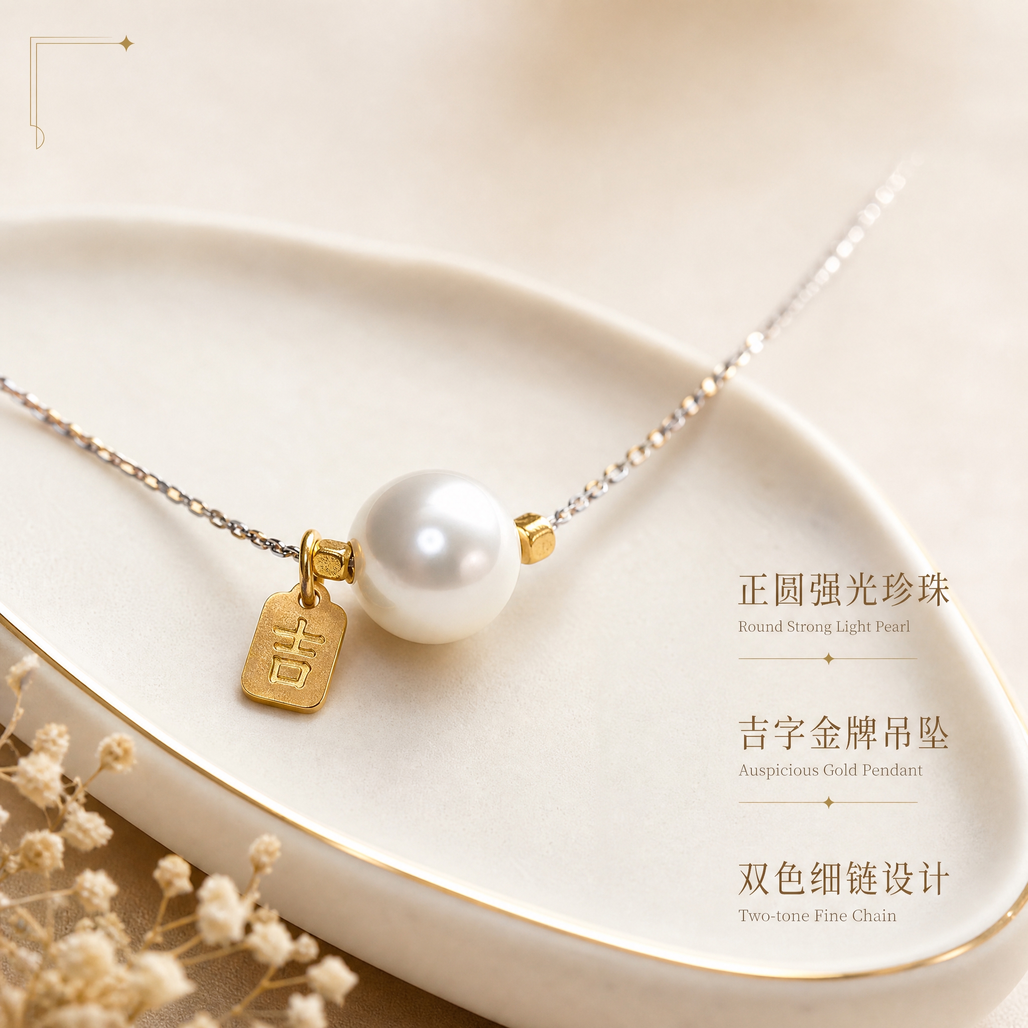 [主图-2] 核心亮点展示，突出珍珠材质细节与吉字金牌吊坠的工… - 图片创意预览