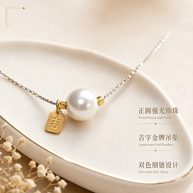 [主图-2] 核心亮点展示，突出珍珠材质细节与吉字金牌吊坠的工艺质感。
[统一基调] 整体风格精致轻奢、柔光高级；背景主色为奶油米白配浅香槟金渐变；标题字色为深香槟金，辅助字色为暖灰；字体为纤细优雅的衬线体，字号层级分明；画面无厚重色块，只用极细线条和少量留白装饰，整体克制高级。
[画面] 项链吊坠区域特写，主体占比约70%，画面聚焦在珍珠与吉字金牌吊坠处；项链平放在米白色哑光陶瓷托盘上，托盘边缘有极细的金色描边；珍珠位于画面视觉中心，近距离展示正圆形态和细腻皮光，表面高光柔和自然；吉字小金牌吊坠倾斜45度靠在珍珠左侧，金牌上的「吉」字刻印清晰可见，字体工整有质感；两侧链条向画面左右上方自然延伸，逐渐虚化，突出吊坠主体；托盘左下角点缀一片干枯的米白色小花作为氛围装饰，极简不喧宾夺主。
[光影质感] 微距珠宝摄影质感，柔光环绕布光，珍珠表面有清晰柔和的高光弧带，反光干净无杂影；金牌表面有细腻的哑光金属质感，刻字凹槽内阴影自然，立体感强；链条链节有连续均匀的高光点；整体光影通透柔和，阴影极淡，突出珠宝的精致工艺；产品与托盘接触处有自然的浅淡阴影。
[配色] 奶油米白背景 + 哑光陶瓷白托盘 + 浅香槟金装饰 + 深香槟金文字 + 暖灰辅助文字；珍珠保持莹白珠光，金牌保持哑光黄金色，链条保持双色金属质感。
[文字版式] 画面右侧竖排（从上到下）放置三个卖点短句，深香槟金纤细衬线体，字号中等：第一行「正圆强光珍珠」，第二行「吉字金牌吊坠」，第三行「双色细链设计」；每行下方对应一行极小的暖灰色英文翻译；文字整体靠右对齐，放在画面右侧负空间，完全不遮挡珍珠和吊坠主体；画面左上角加一个极小的金色线条装饰框，框内无文字，仅作点缀。
[输出要求] 1:1正方形，2048px分辨率，产品细节清晰锐利，文字清晰可读；负向：变形、错字、模糊、杂乱背景、水印、平台Logo、塑料感、珍珠划痕、金牌变形、刻字模糊、多余杂物、人物。