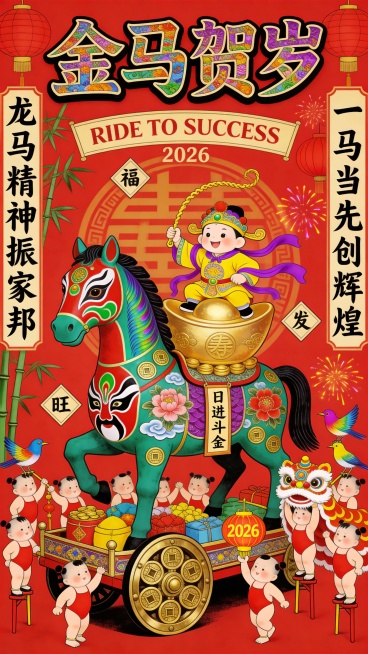 整体基调： 以高纯度的中国红为绝对底色，营造出锣鼓喧天、红红火火的过年氛围。画面采用满版构图（Maximalism），元素极度密集，每一个角落都填满了民俗符号，传递出扑面而来的热气腾腾的年味。 核心文预览效果