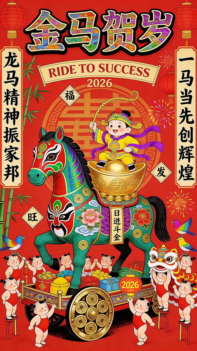 国潮插画风，拟人化金马载童骑宝盆，浮雕质感与鎏金元素交织，喜庆红底配卡通童趣，彰显2026新春贺岁祥瑞氛围。
