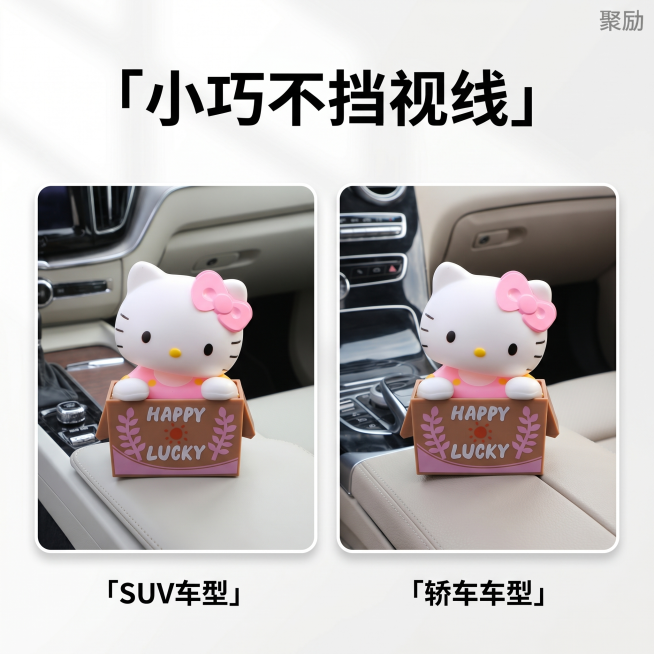 [主图 4] HelloKitty车载摆件适配场景展示图。氛围风格：明亮清透ins风，多场景展示干净排版。画质：商业摄影质感，光线柔和通透，产品清晰真实，画面干净高级。元素：左侧画中画框展示摆件在SU预览效果