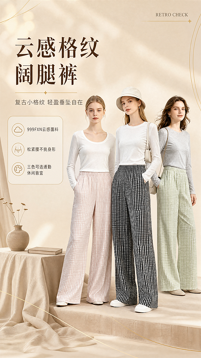[商品] 使用【图1】咖格、【图2】黑格、【图3】绿格三款复古小格纹云感阔腿裤；商品处理：保留松紧腰、阔腿版型、格纹图案、垂坠面料、颜色和结构；自然去除杂乱褶皱，理顺裤腿垂坠感，增强格纹纹理清晰度、缝线质感和面料光泽，不改变版型和颜色。三色裤子同时出现在画面中，形成多色同框。
[画面] 页面目标：风格头图海报，营造复古松弛的高级品牌感。构图：左文右图偏不对称布局，右侧三位模特错落站立展示三色阔腿裤，产品占画面65%，前景浅米色布艺道具，中景模特全身穿搭，后景浅米色渐变背景加金色线条装饰。阅读动线从左上标题到右侧人物。
[视觉] 套系策略：风格=高级简约复古通勤商业摄影；标题字=优雅衬线粗体（宋体类）；正文字=简洁无衬线体；主色=浅米色；背景延展=基于浅米色做深浅渐变、同色系层次和细腻织物/哑光纸张质感；强调色=金色，仅用于小面积装饰线条、图标、引线和标签；标题色=深棕褐色；正文色=暖灰色；组件=圆角浅米色信息卡、细金色引线、极简图标；光影=左前侧柔和暖光，人物边缘带淡淡金色轮廓光。
[文字] 左上留白放主标题「云感格纹阔腿裤」，副标题「复古小格纹 轻盈垂坠自在」，下方3个短卖点：①999FXN云感面料 ②松紧腰不挑身形 ③三色可选通勤休闲皆宜。文字横排，层级清晰，不遮挡人物和裤子主体。右上角小号英文装饰「RETRO CHECK」。
[规格] 图片比例9:16竖版，4K分辨率，负向提示：避免变形、错字、文字过小、冷蓝背景、裤子颜色改变、版型失真、极限词、白底孤立单品。