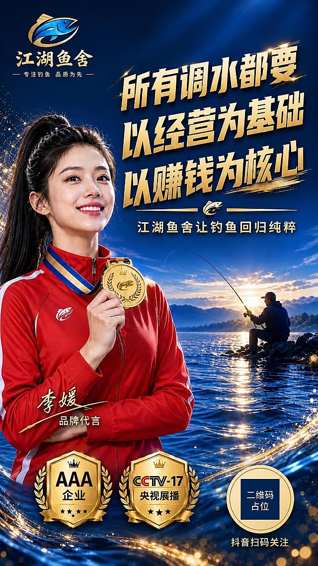 参考图1的版式骨架、蓝金水景氛围和所有元素布局，完全复刻海报结构：左上角江湖鱼舍logo、左侧人物穿红色运动服戴奖牌、右侧大标题三行金色立体字、中间副标题、人物下方李媛品牌代言签名、底部双徽章AAA企业和CCTV-17央视展播、右下角圆形二维码占位+抖音扫码关注。背景为蓝色湖面夕阳钓鱼场景，水面波光，远处钓友剪影垂钓。仅替换主标题文字为三行金色立体大字：第一行"所有调水都要"，第二行"以经营为基础"，第三行"以赚钱为核心"。副标题保留"江湖鱼舍让钓鱼回归纯粹"。其余所有元素、布局、配色、人物、logo、徽章、二维码占位均与参考图一致。整体大气高端，蓝金配色，金属质感标题，商业海报质感，9:16竖版。画面中所有二维码区域使用纯色方块占位符呈现，方块中央标注"二维码占位"文字，严禁生成任何可识别的二维码图案。