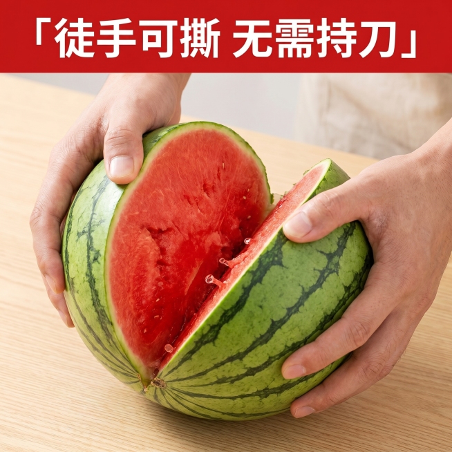[主图-5] 展示徒手开瓜便捷性，演示轻松撕开薄皮
[氛围风格] 动态真实，突出便捷特点，清爽食欲感
[画质] 商业摄影质感、光线柔和通透、产品清晰真实、画面干净高级
[元素] 保持2K手撕小糖丸薄皮预览效果