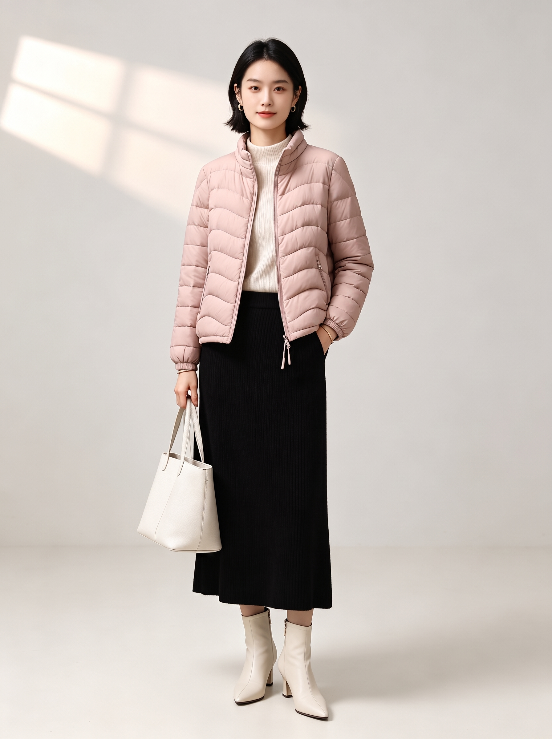 请将参考图1的【粉色立领轻薄羽绒服】1:1还原其款式、颜色、材… - 图片创意预览