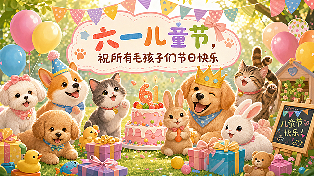 六一儿童节快乐，一群可爱的宠物毛孩子们开心庆祝节日，画面温馨治愈，配文"六一儿童节，祝所有毛孩子们节日快乐"