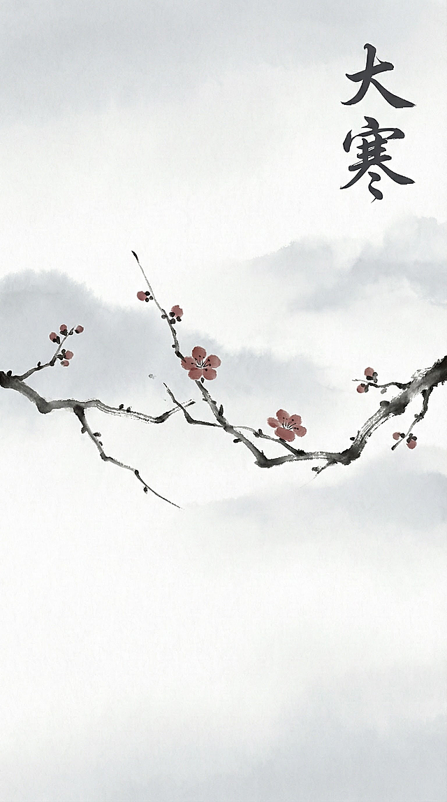 手机壁纸，大寒节气，极简中国风水墨风格，画面中央一枝清瘦的梅花枝干，枝头点缀两三朵绽放的红梅与待放花苞，背景是晕染开的淡灰色水墨，模拟冬日寒雾，右上角有飘逸的书法字体“大寒”，整体留白充足，意境清冷高雅，宁静致远，适合作为手机壁纸，高清细节。
