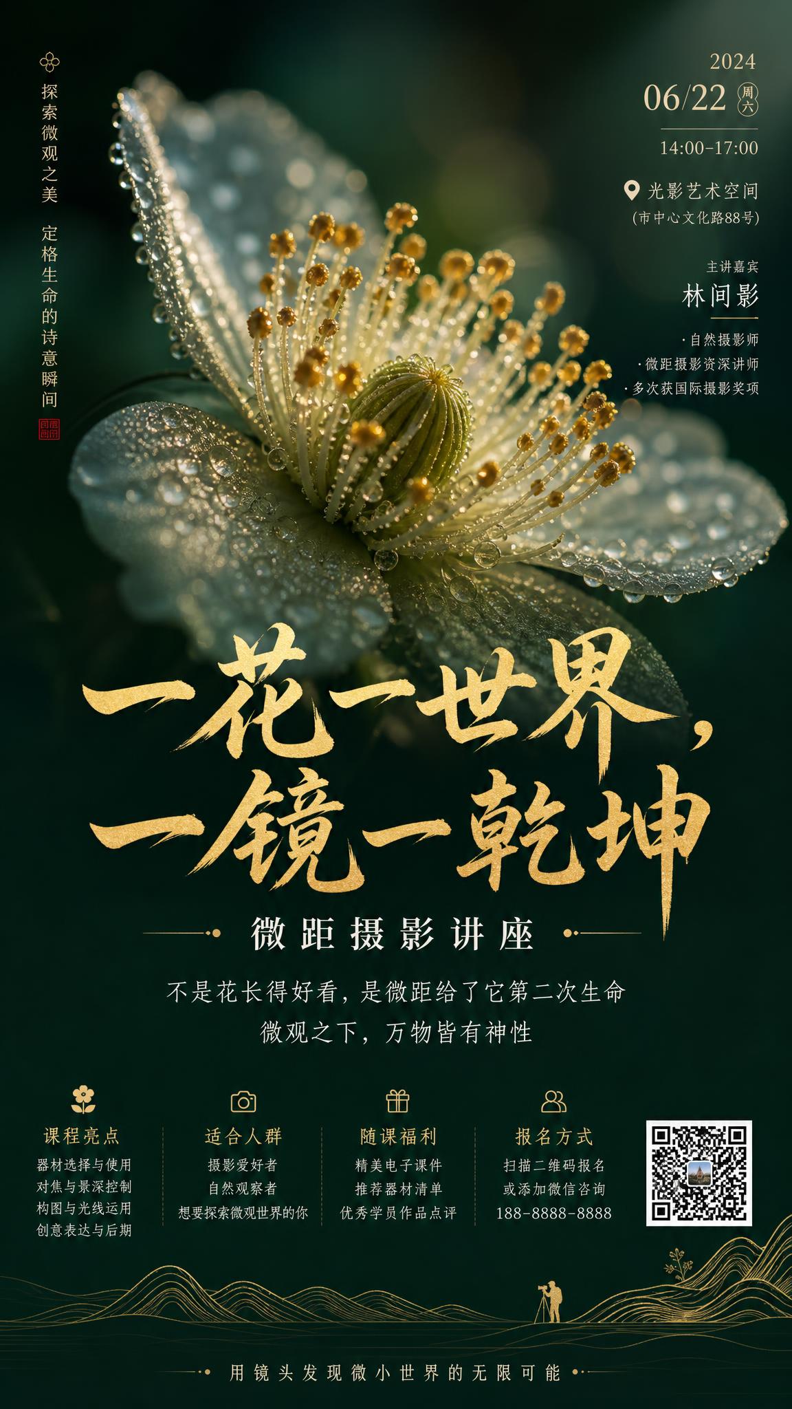 微距摄影讲座海报，竖版9:16，深墨绿色渐变背景，高级禅意文艺… - 图片创意预览