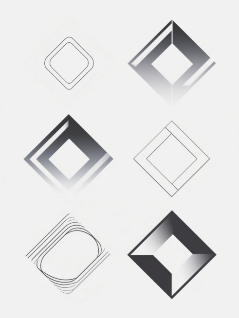 六个不同样式的菱形图案，保持简约几何风格，白色背景，菱形采用多种配色方案，每个菱形具有独特的内部线条装饰或渐变效果，线条简洁流畅，整体构图平衡对称，呈现出时尚现代的设计感预览效果