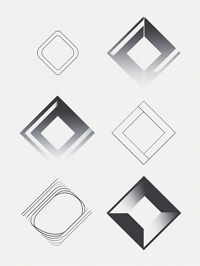 六个不同样式的菱形图案，保持简约几何风格，白色背景，菱形采用多种配色方案，每个菱形具有独特的内部线条装饰或渐变效果，线条简洁流畅，整体构图平衡对称，呈现出时尚现代的设计感