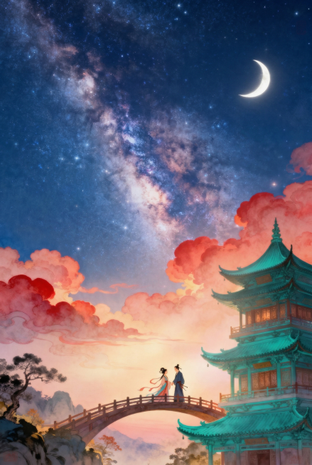 去掉空中所有鸟群，将画面中的晨光调整为模糊柔和的效果，保留其余全部元素：银河星空弯月、红彩云、青绿色楼阁、桥上牛郎织女、国风古画风格不变预览效果