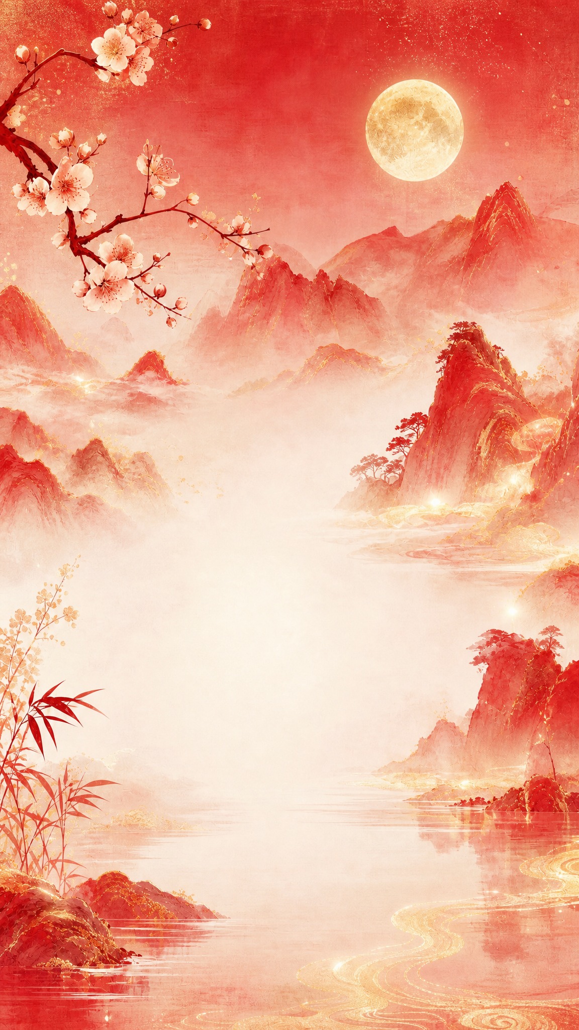将这张国风背景图的整体色调改为喜庆高级的红色系：以中国红、朱砂… - 图片创意预览