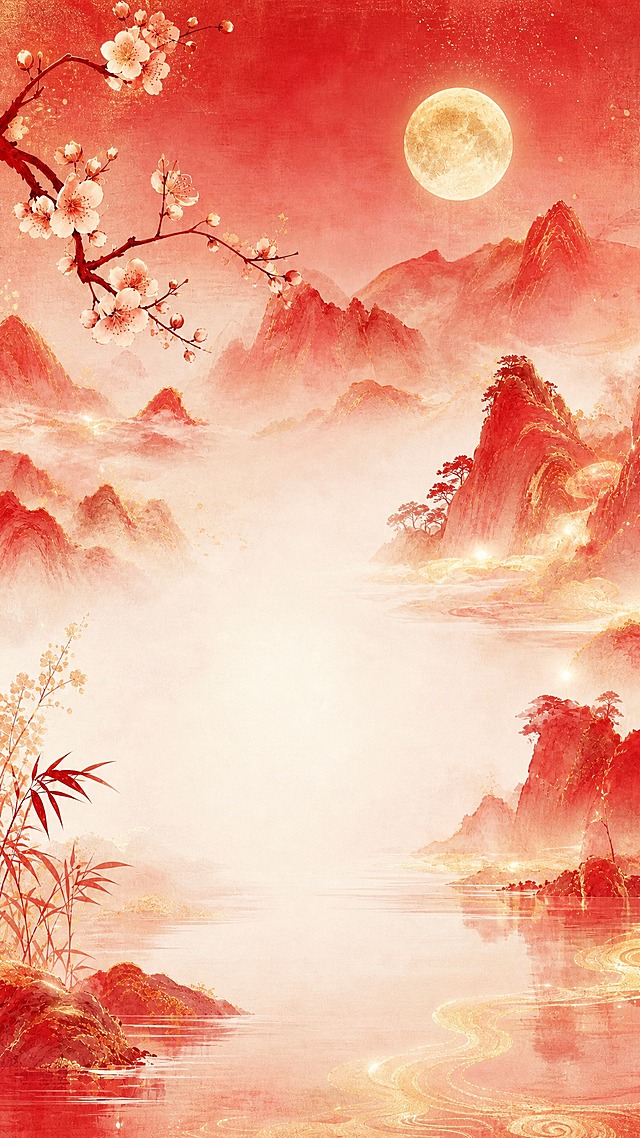 将这张国风背景图的整体色调改为喜庆高级的红色系：以中国红、朱砂红、深红渐变作为主色调，保留原图的水墨山水、云雾、圆月、梅花竹枝构图与大面积留白布局，山峦与水面晕染成红金相间的祥云与霞光效果，点缀淡金色光晕，氛围喜庆、华丽、东方古典；中央与中下方继续保留干净空区域便于放护肤品；画面无文字无水印无logo，高清细腻。