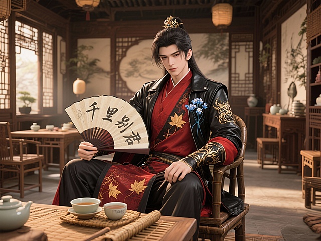 国潮风与重拟物风融合，中式古典庭院中，人物身着红黑相间的华服，手持写有“千里别君”的折扇，茶香氤氲，静谧优雅，3D质感细腻，鎏金纹饰熠熠生辉，尽显文艺与古典之美。