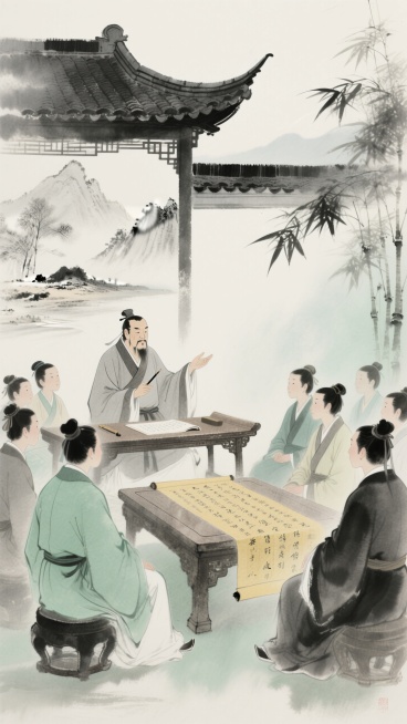 中国水墨画风格的教师节画面，定格古代书院讲学场景。师者于案几后授业，众学子着古装恭敬围坐。背景融入中式飞檐，淡染山水，缀以竹叶。以水墨黑白灰为主调，浅绿、浅黄作柔和点缀。案几、简牍等细节，共筑古朴典雅预览效果