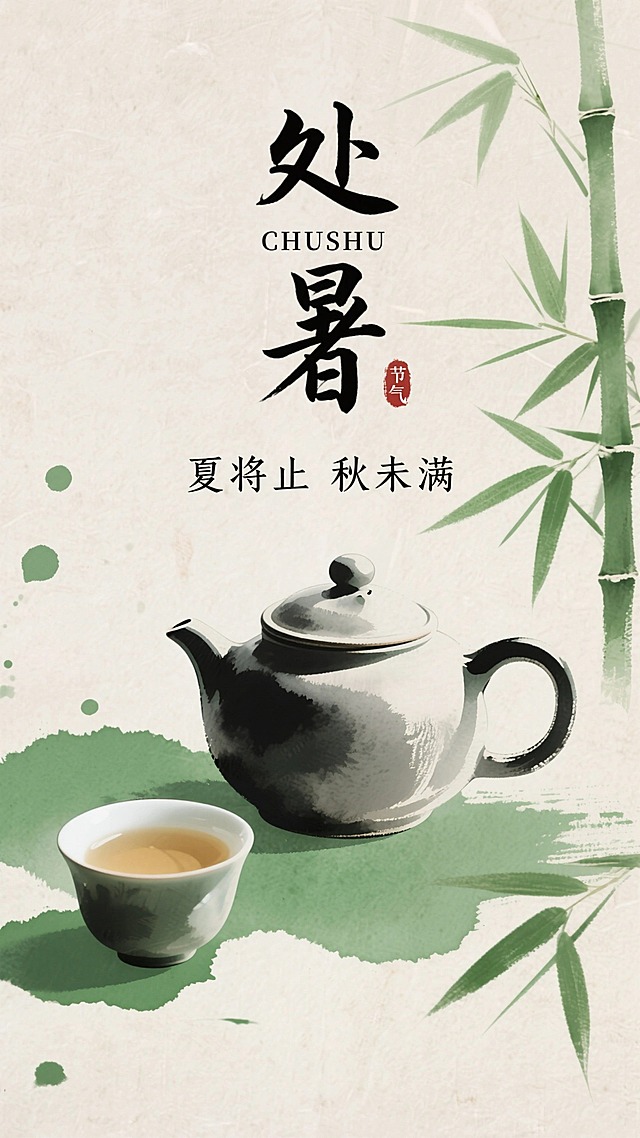 处暑节气海报，中国风水墨风格，浅米色宣纸底，绿色墨迹晕染，书法字标题“处暑CHUSHU”、小字“夏将止 秋未满”文案，搭配水墨茶壶茶杯、淡竹叶，大师级排版