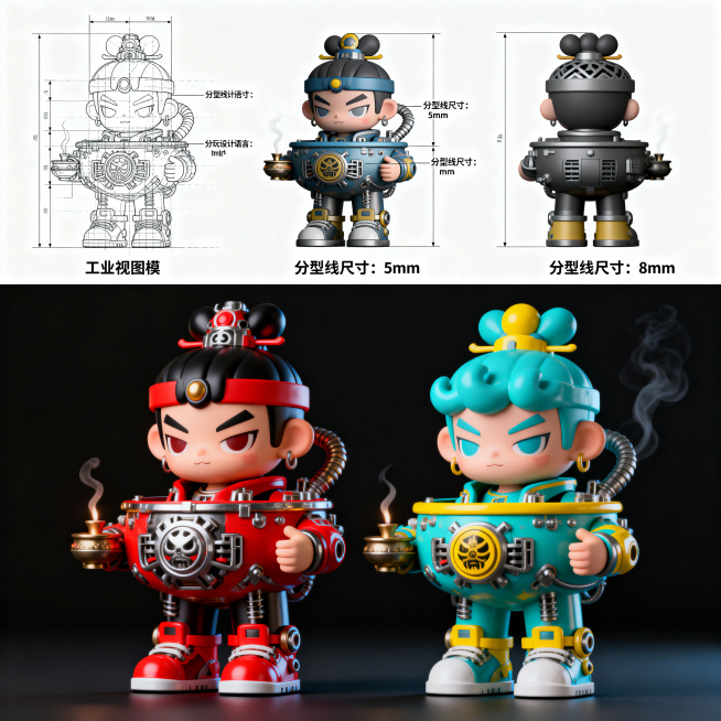 另一款原创潮玩风格人物造型香炉建模开模设计图，不同人物IP造型，工业三视图，清晰标注分型线尺寸，潮玩设计语言，结构展示完整，和第一款设计不同风格预览效果