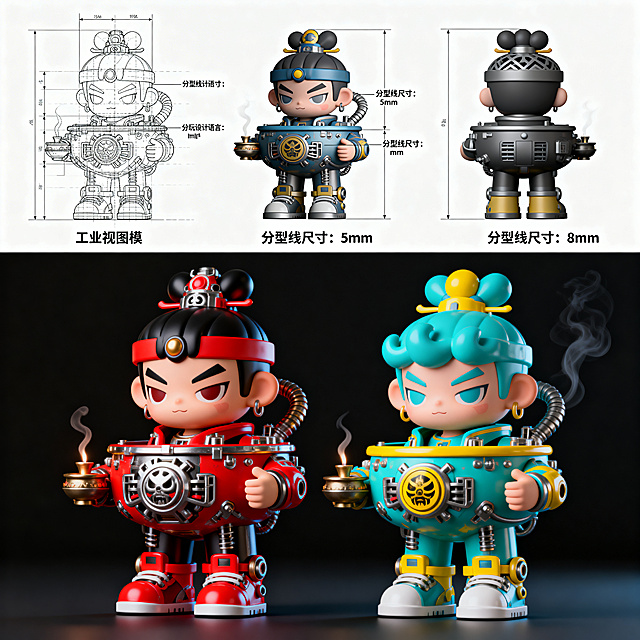另一款原创潮玩风格人物造型香炉建模开模设计图，不同人物IP造型，工业三视图，清晰标注分型线尺寸，潮玩设计语言，结构展示完整，和第一款设计不同风格
