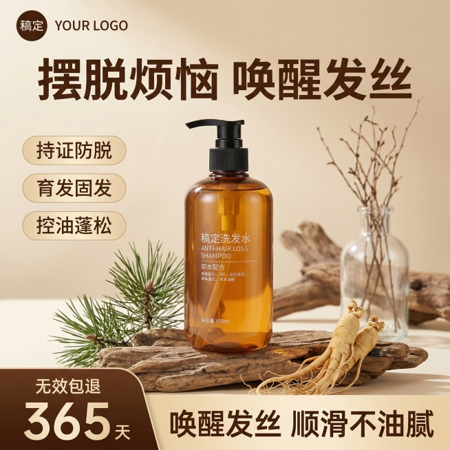 商业摄影，电商主图，8K超高清，琥珀色按压瓶防脱洗发水，瓶身印有“稿定洗发水”“ANTI-HAIR LOSS SHAMPOO”及草本配方说明，搭配黑色按压泵头，置于风化枯木之上，左侧搭配松枝，右侧搭配预览效果