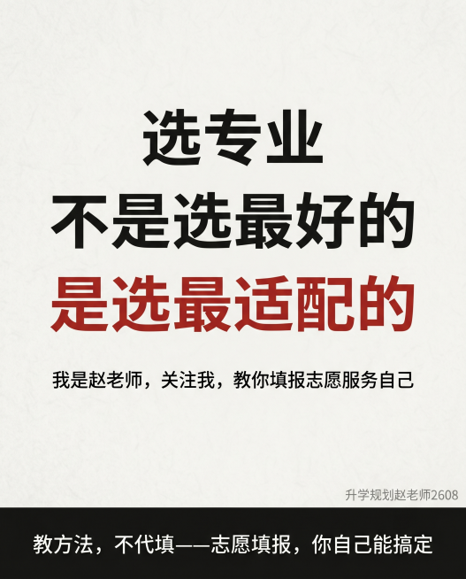「图片1」核心信息：选专业不是选最好的，是选最适配的
操作：
中间大字（居中，黑色）：「选专业」
中间大字（居中，黑色）：「不是选最好的」
中间大字（居中，深红色）：「是选最适配的」
下方小字：「我是预览效果