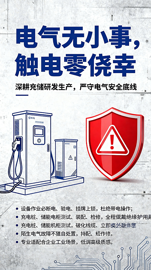 企业充储安全宣传海报，科技工业风，核心主题"筑牢电气防线，守护充储安全"，贴合充储主业，强化行业专属属性。画面构图：左侧为简约线条绘制的充电桩、储能机柜产品轮廓，主色调为蓝色，右侧搭配醒目的红色警示安全盾牌图标；背景为浅灰色工业纹理，低调高级；底部点缀细微的电路线条元素。海报文案：主标语（超大加粗字体）"电气无小事，触电零侥幸"，副标语（次醒目字体）"深耕充储研发生产，严守电气安全底线"，底部细则警示文案（小字）"设备作业必断电、验电、挂牌上锁，杜绝带电操作；充电桩、储能机柜测试、装配、检修，全程佩戴绝缘防护用具；严禁私拉乱接线路，破损线缆、老化设备立即停机更换；陌生电气故障不擅自处置，持证上岗、规范操作"，整体风格专业适配企业工业场景。