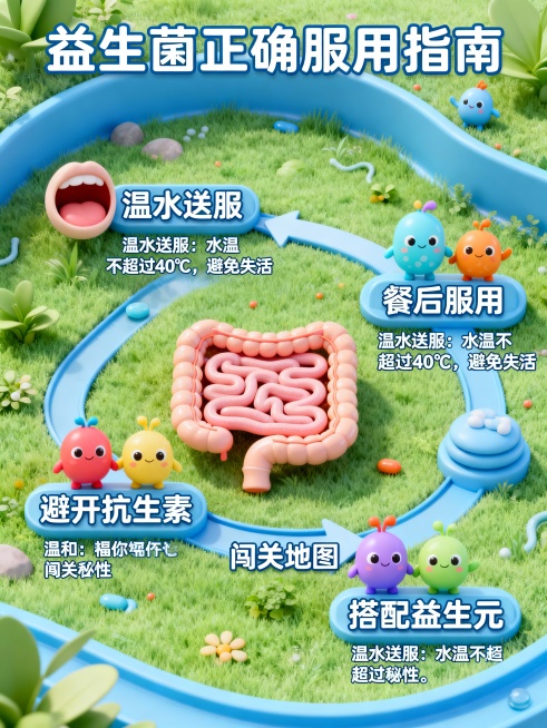 一幅关于益生菌正确服用的健康科普公众号长图。采用3D卡通风格，蓝绿健康色调。画面核心是益生菌从口腔到肠道的‘闯关地图’，需突出‘温水送服’、‘餐后服用’、‘避开抗生素’、‘搭配益生元’四个关键关卡和通预览效果