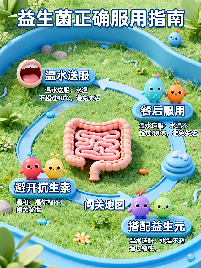 一幅关于益生菌正确服用的健康科普公众号长图。采用3D卡通风格，蓝绿健康色调。画面核心是益生菌从口腔到肠道的‘闯关地图’，需突出‘温水送服’、‘餐后服用’、‘避开抗生素’、‘搭配益生元’四个关键关卡和通关秘诀。益生菌设计成可爱的彩色小生物形象，肠道环境简化温和。主标题醒目。整体风格清新、直观、有科普趣味性。