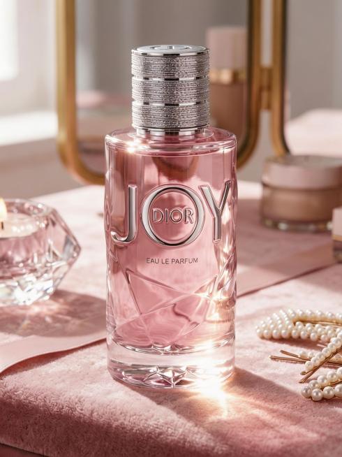 给香水产品打光，瓶身周围的物体设置低饱和氛围光，作为环境辅光柔和照亮周边物体，被从瓶子发出的光打亮，最大化提升瓶身明亮的通透感，保留瓶内液体的色彩层次与质感，光比控制在1:3~1:4，避免过曝或死黑，预览效果